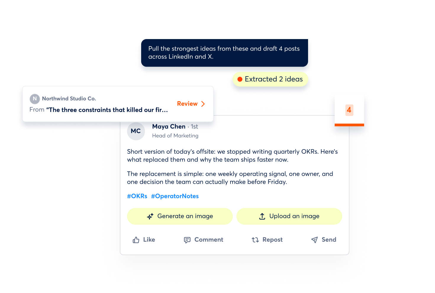 Archie interface reviewing AI-generated social posts, recommending publish times, and scheduling content to a calendar