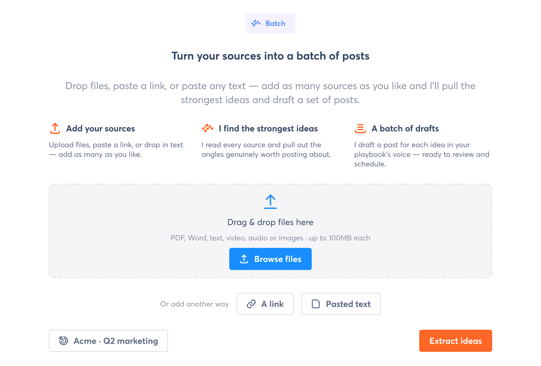 Archie Batch interface turning PDFs, URLs, video, and audio into platform-ready social media posts