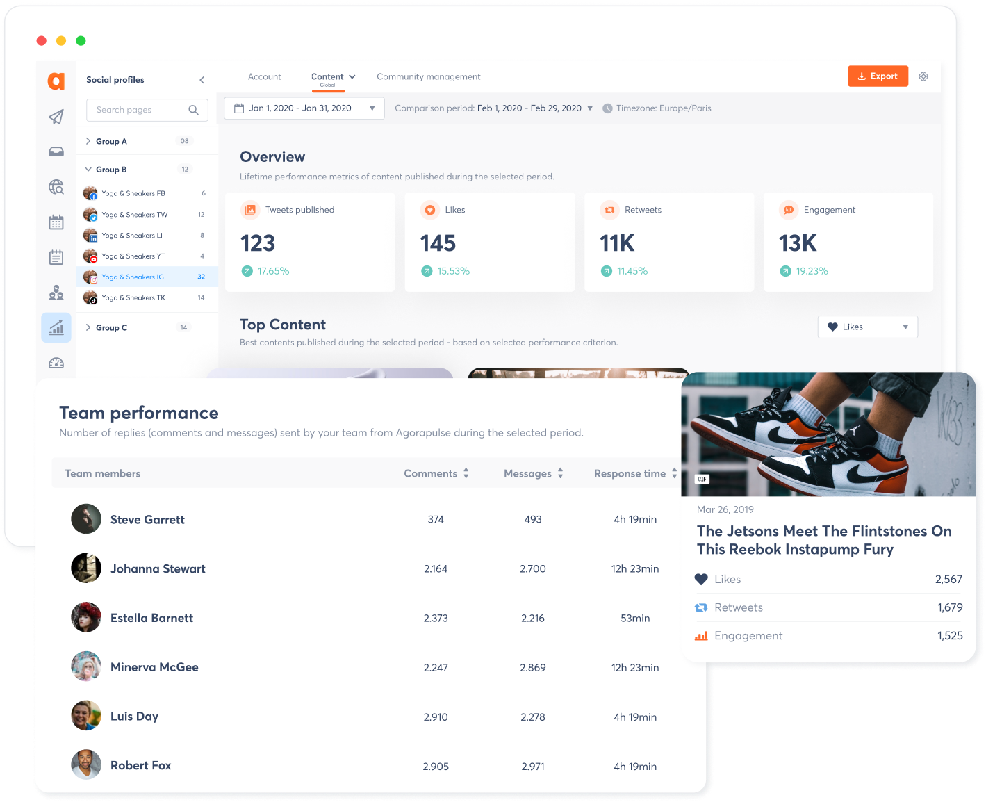 A view of team performance report from Agorapulse social media reports