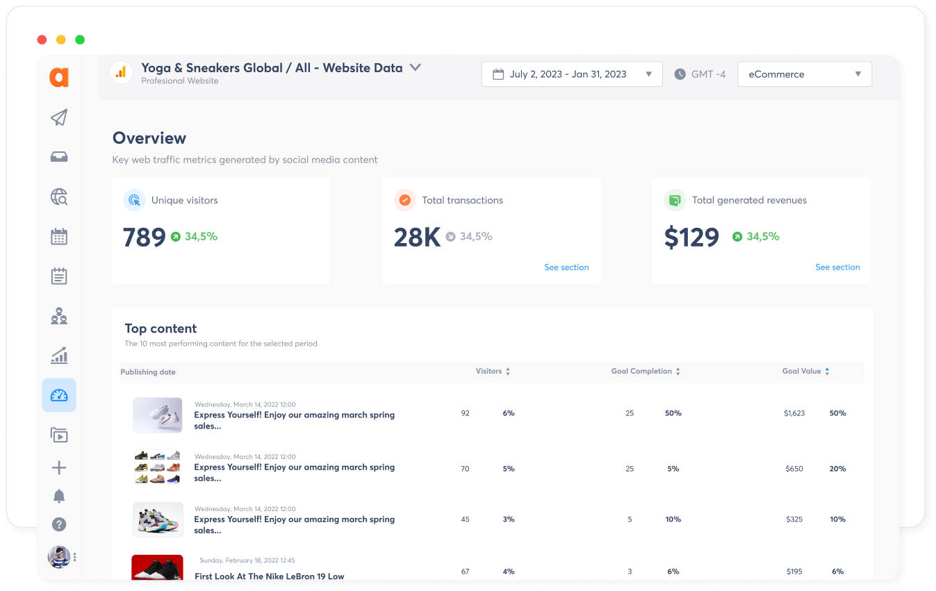 A view of social media roi report in Agorapulse platform