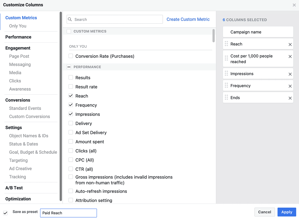 customize columns for facebook ads manager