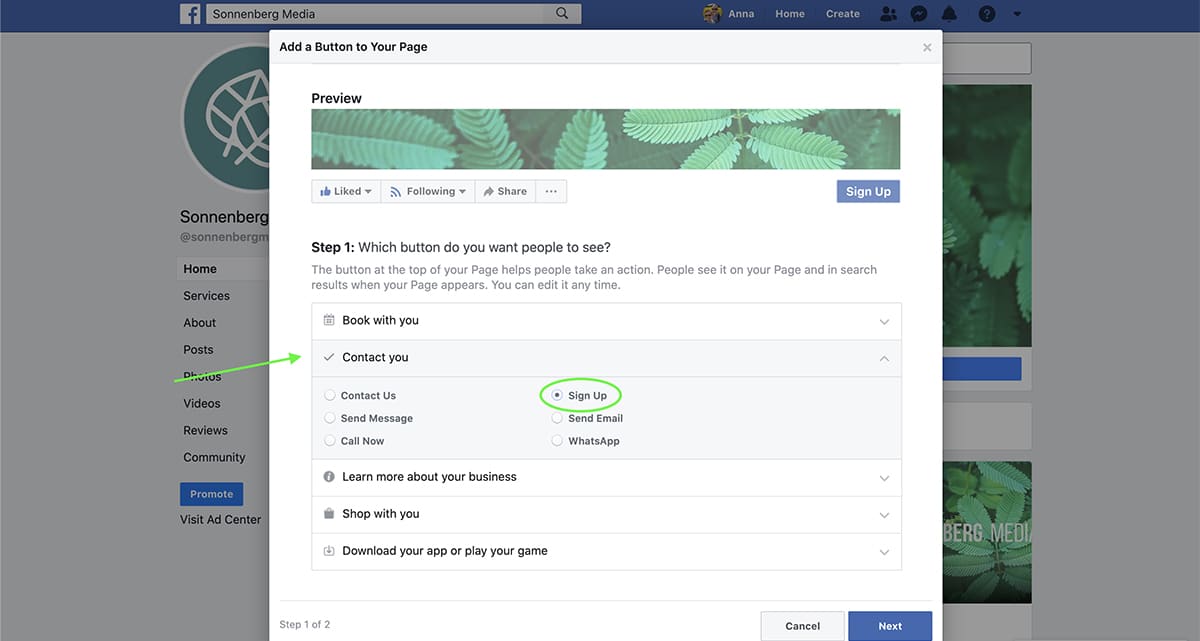 add a button to a facebook page