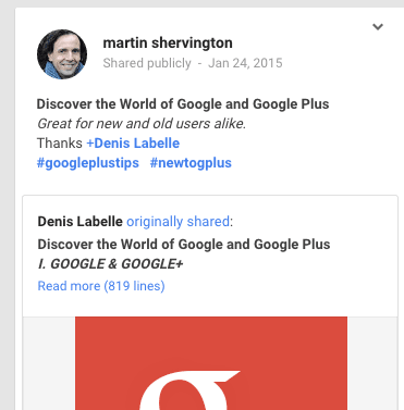 Reshare of Google+ with comment