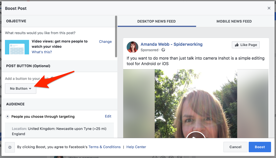 Add a call to action button when you boost your post
