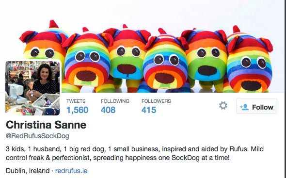 Red Rufus Sock Dog Twitter bio full of personality