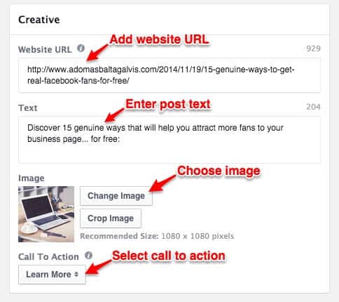 Instagram ad Creative setup - Website URL, Text, Image, Call to Action