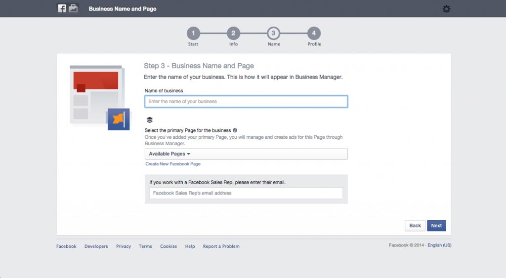 Signing up for Facebook Business Manager Name and Primary Facebook Page