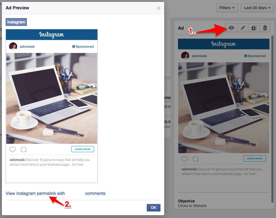 View Instagram permalink with comments in Facebook ads manager