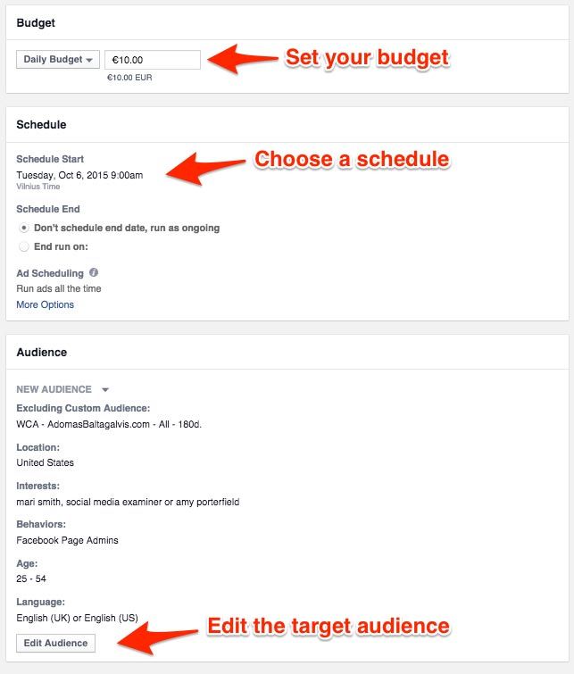 Choosing the Facebook ad campaing settings - budget, schedule, target audience