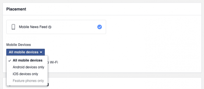 Select the mobile devices and placement for Facebook lead ads campaign