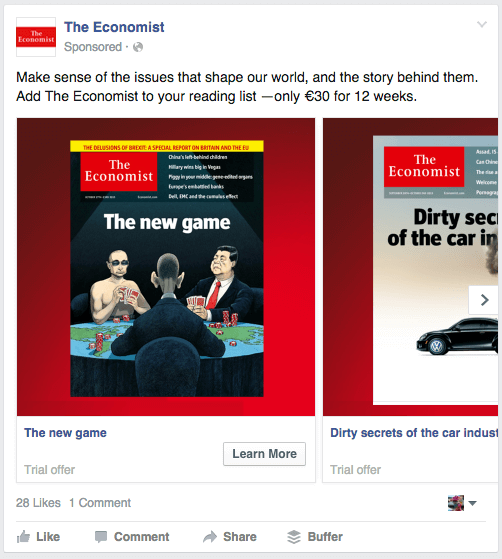 An example of Facebook remarketing ad campaign - the Economist