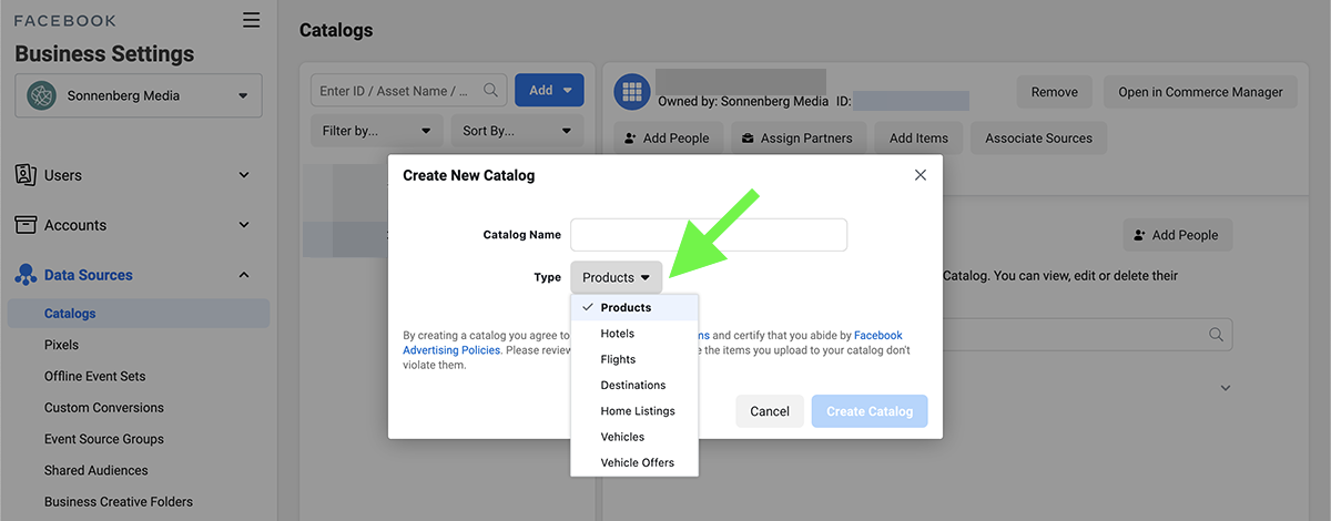create a new catalog for facebook ads