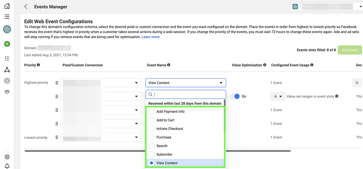 facebook ads event configuration