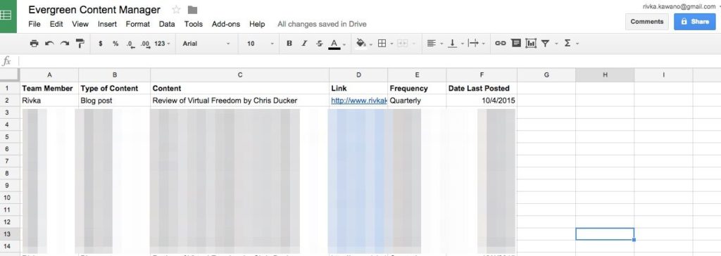 Example of a Google spreadsheet for evergreen content management