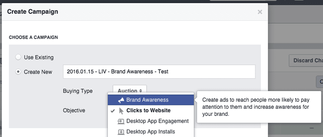 Brand Awareness campaign option in Facebook Power Editor