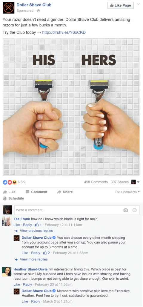 Facebook dark post comments screenshot of How Dollar shave club does it right. 