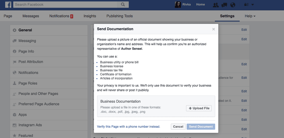 Facebook page verification with documents