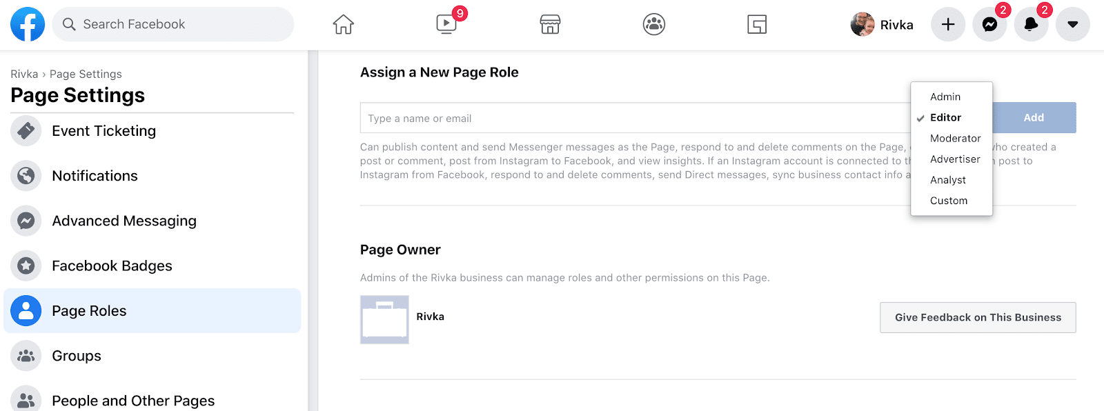 page settings and roles for social media policy