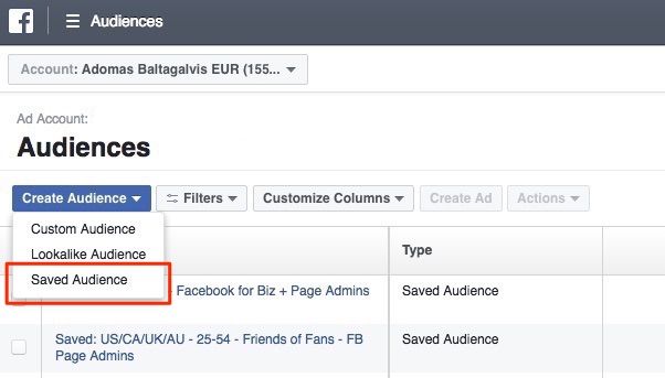 Creating Facebook Saved Audiences in Ads Manager