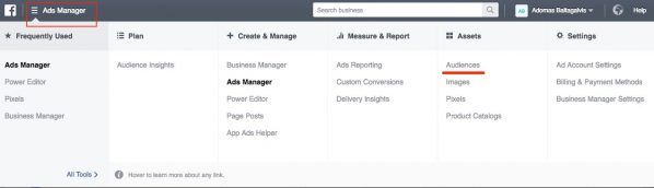 Where to find Audiences in Facebook Ads Manager