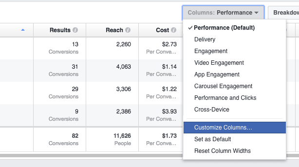 Facebook's Customize Columns feature to improve ad reports