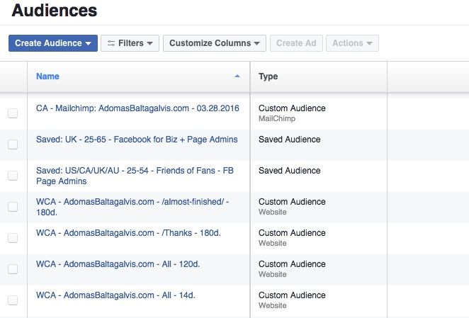 The naming convention for custom audiences and Facebook website custom audiences