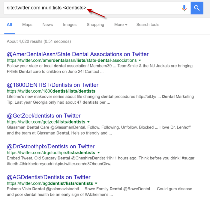 Twitter lists search in Google