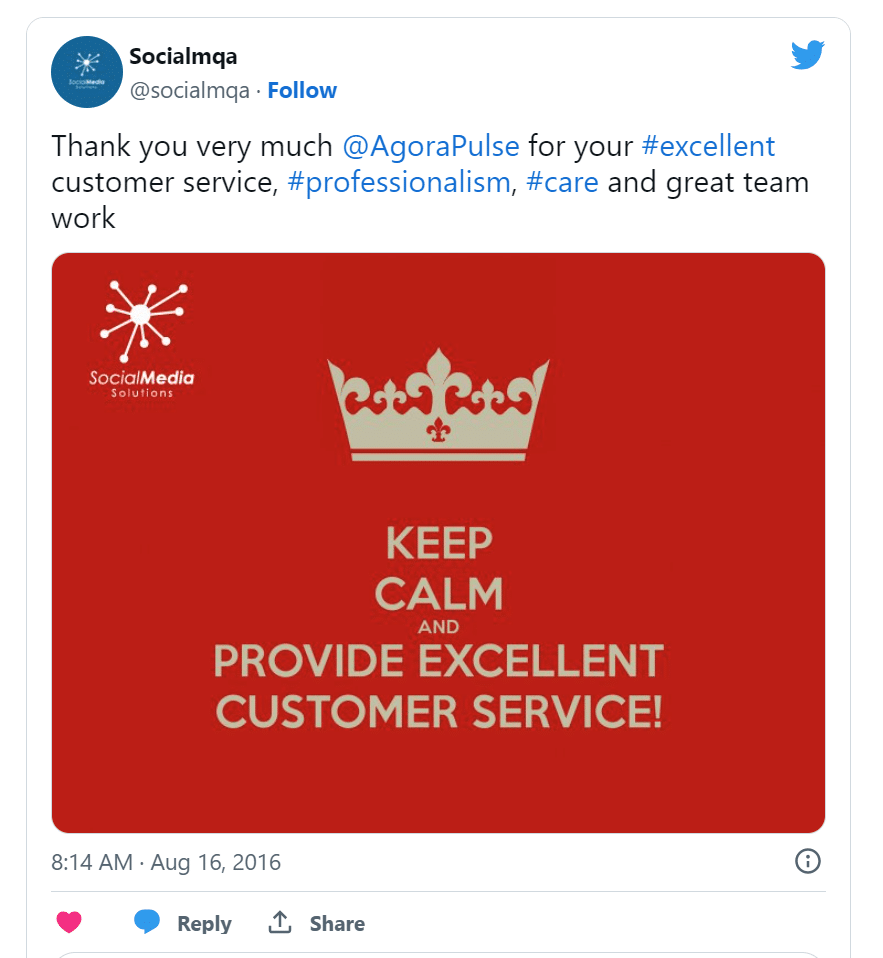 Tweet that says: Thank you very much Agorapulse for your excellent customer service, professionalism, care, and great team work. 