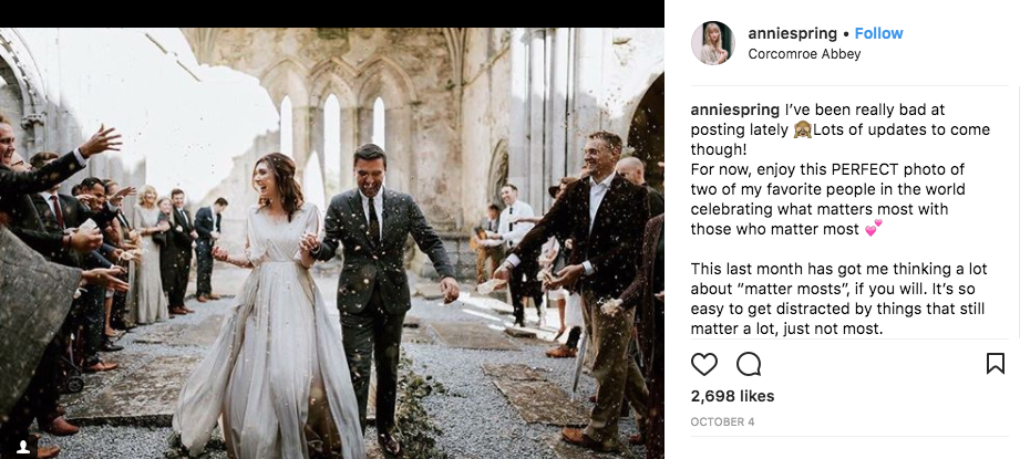 Instagram image of a bride and groom by Annie Spring