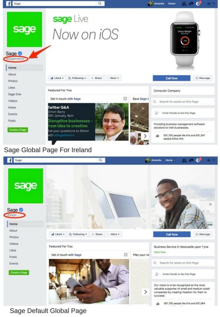 sage Facebook global pages