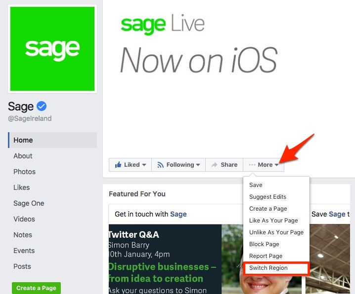 Facebook global pages switch region