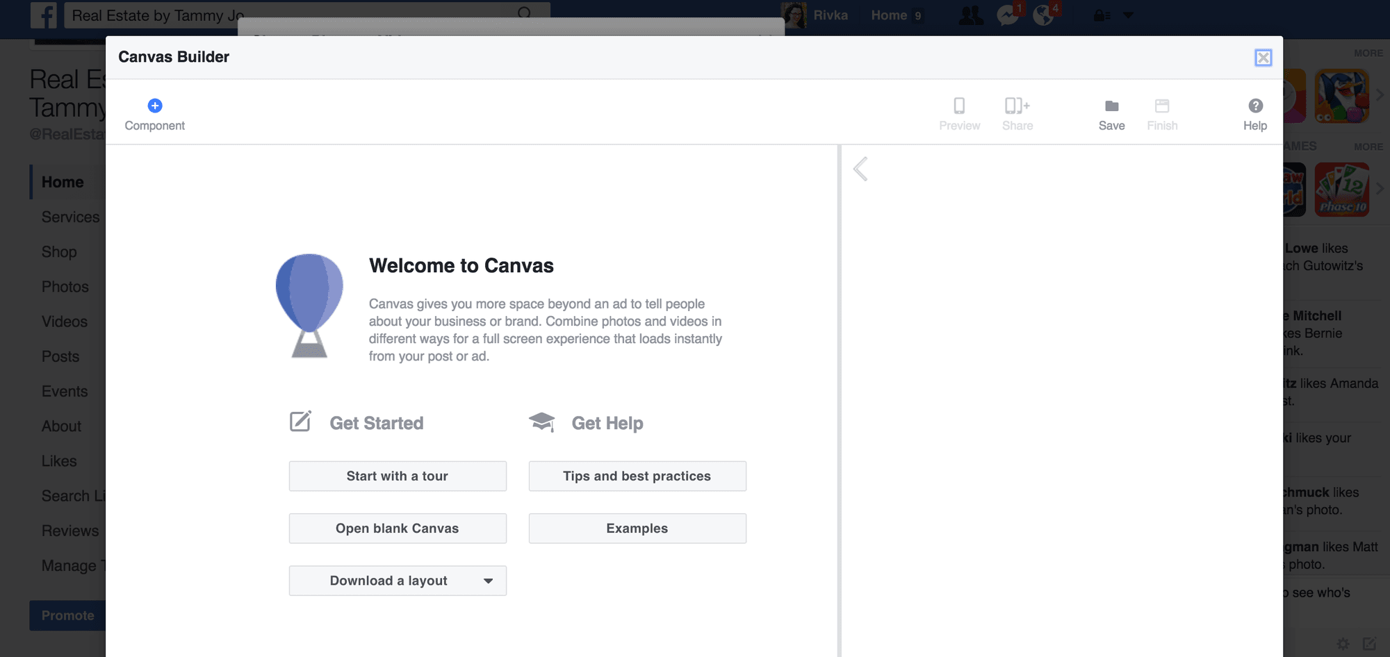 Canvas builder in new post options for Facebook
