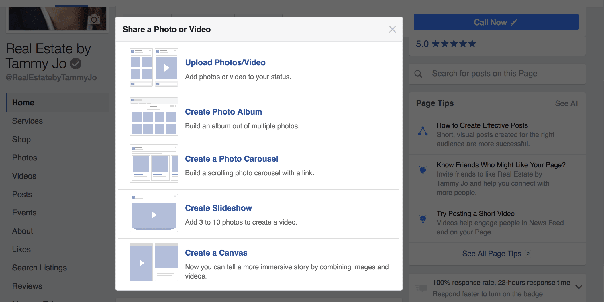 Facebook Options for Sharing Photos or Videos on your business page