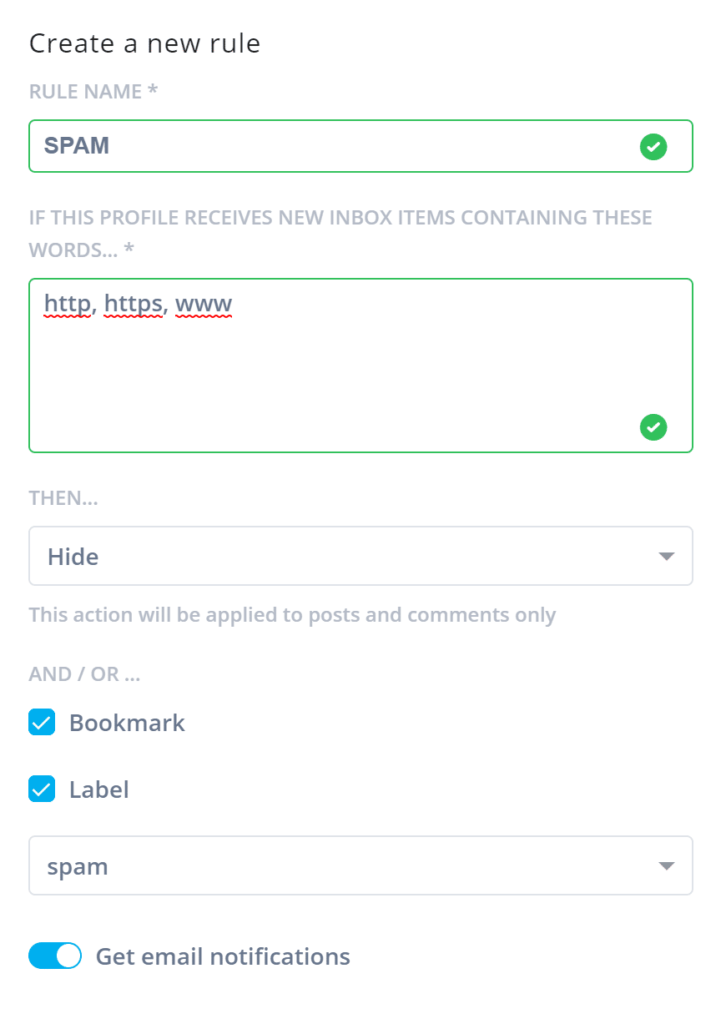 create rule to hide spam comments