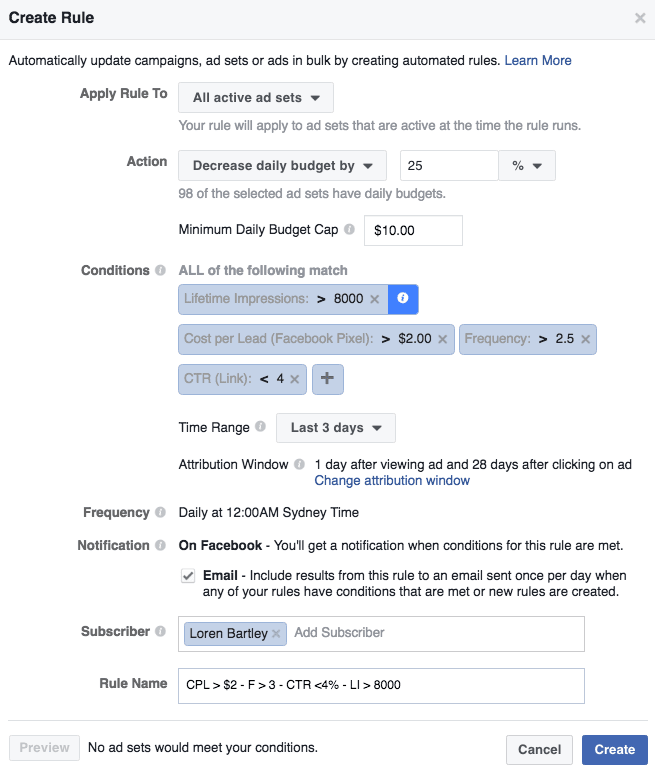 Facebook Ad Automated Rule Example