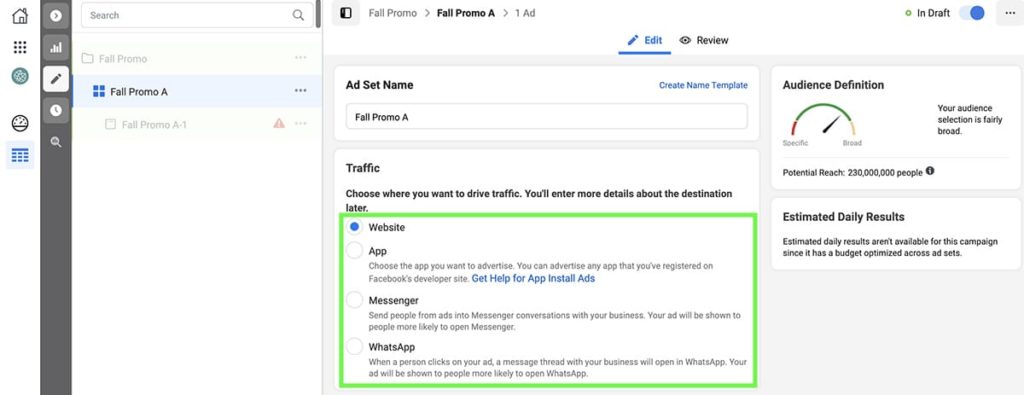Traffic objective for Facebook Ads