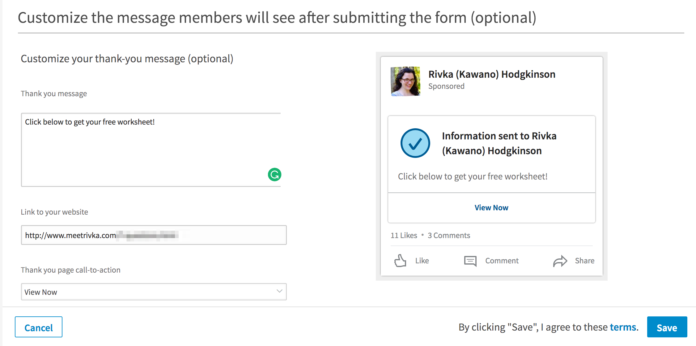LinkedIn Lead Ad customization -- screenshot step 3