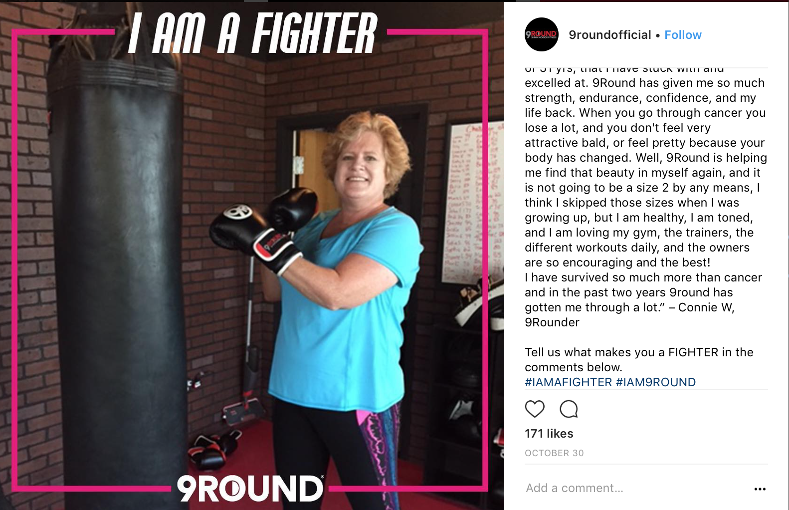 screenshot of instagram post with woman wearing boxing gloves that says I am a fighter with a pink ribbon and the 9 Round logo