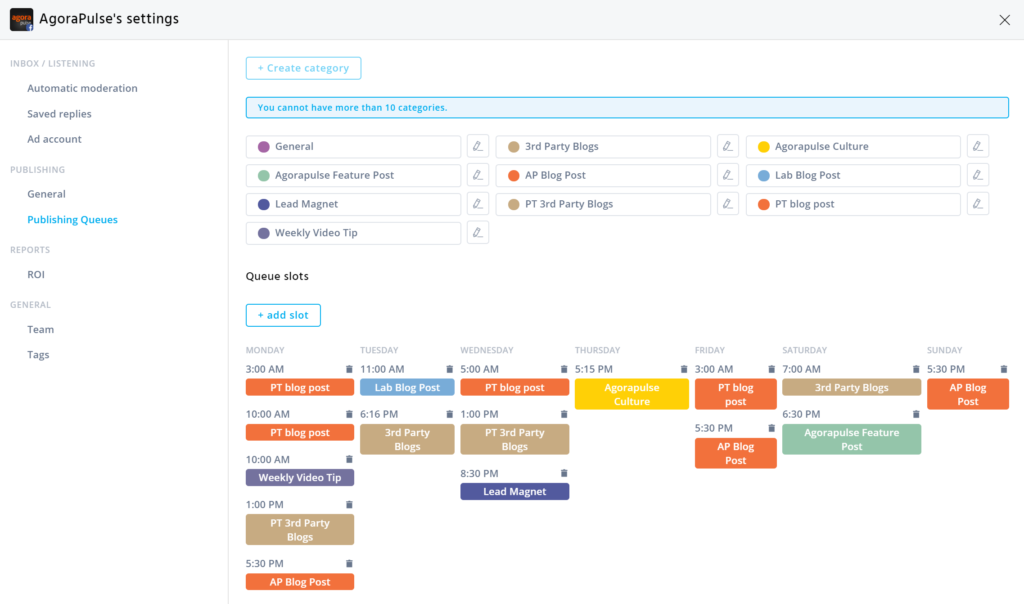 Agorapulse publishing categories for Facebook