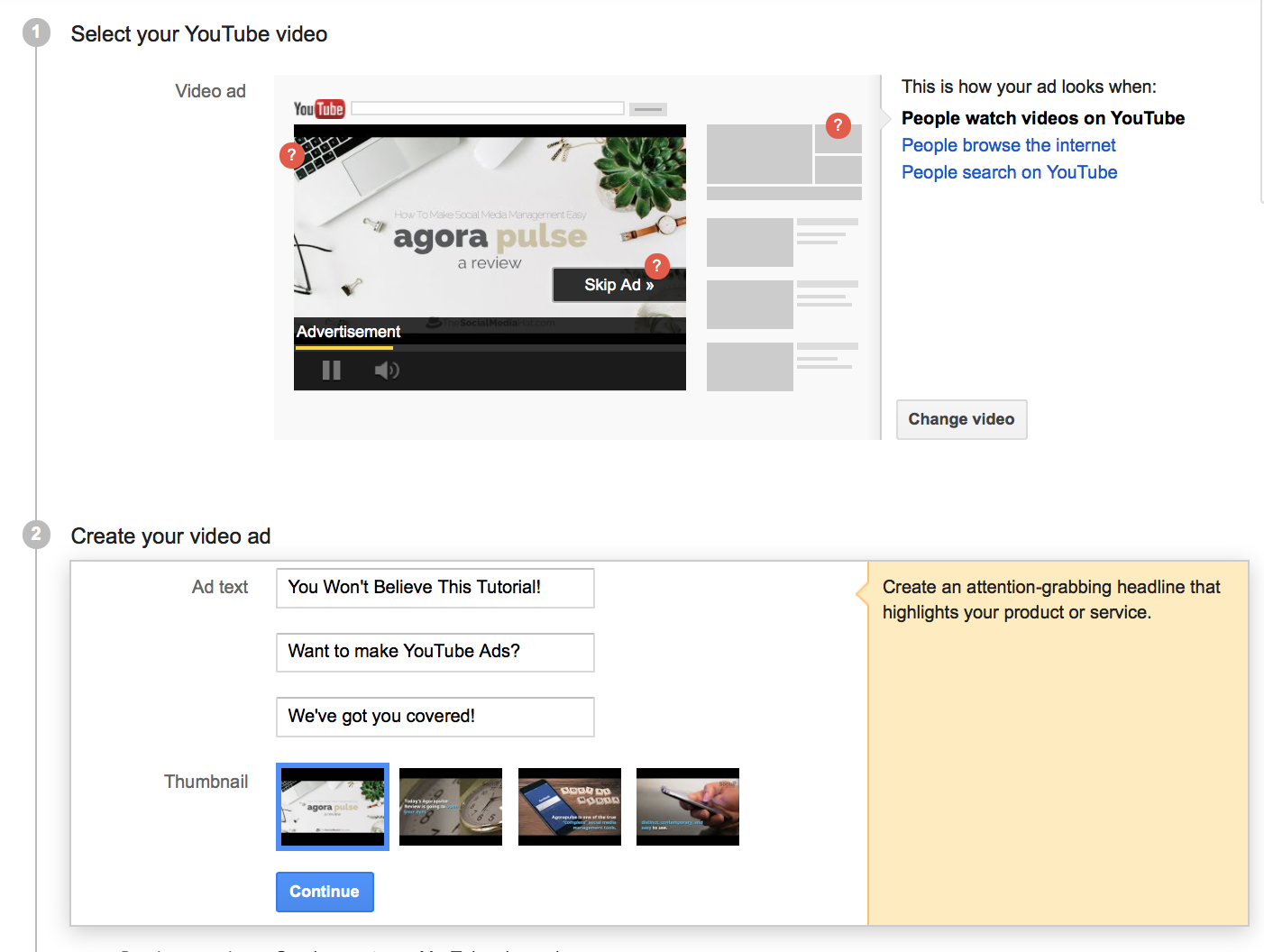 Creating YouTube Ads-- adding your ad text
