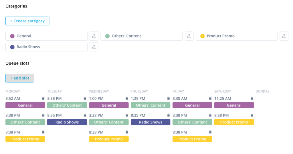 Screenshot of the Agorapulse queue for an example business of social media management