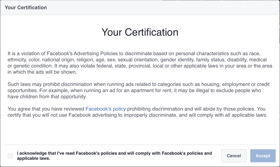 Social Media Updates-- Facebook discrimination policy