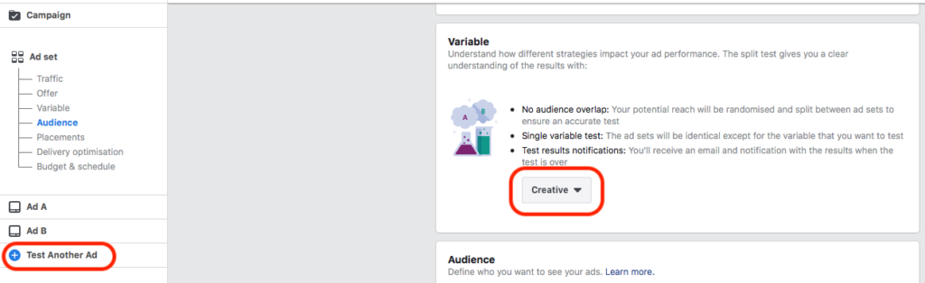 split test your Facebook ad-- Adding Split Test Ads