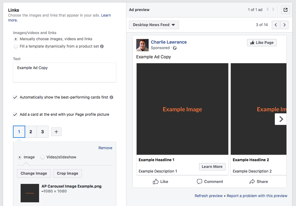 split test your Facebook ad creating a carousel ad images