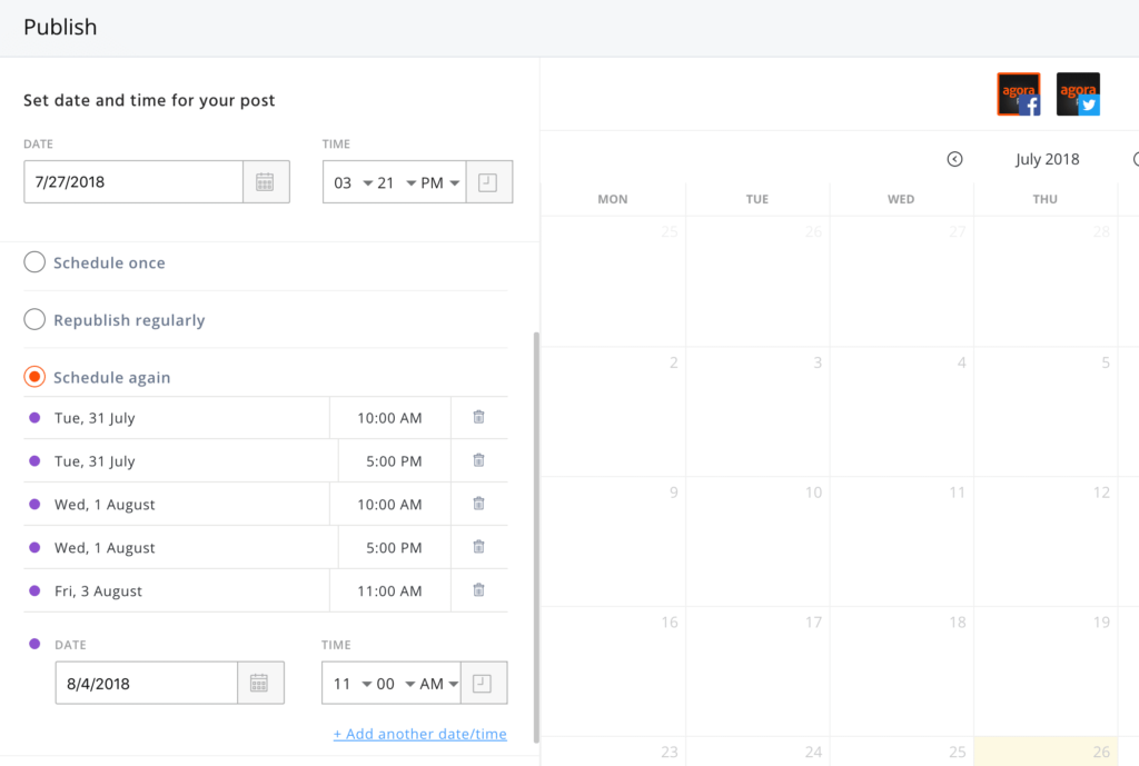 screenshot of publishing schedule with agorapulse 