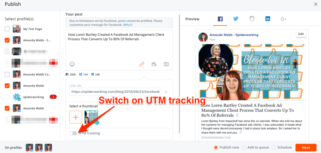 Switch on UTM tracking when you compose your post in AgoraPulse