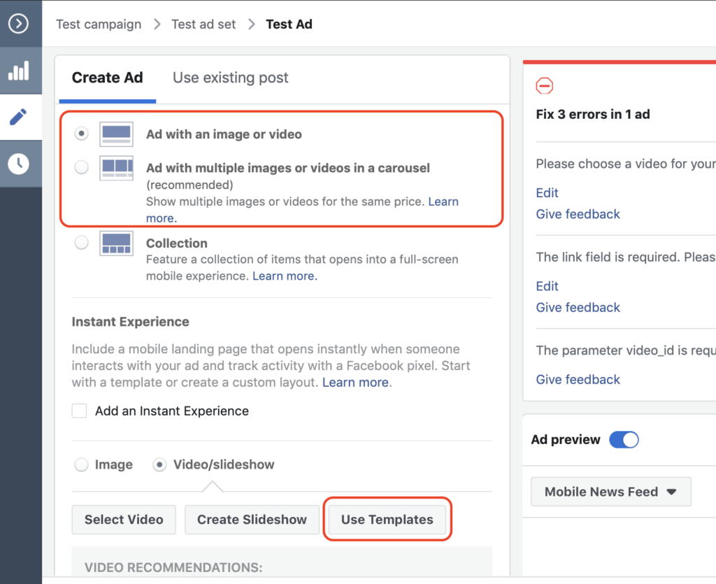 Facebook Creation Kit navigation