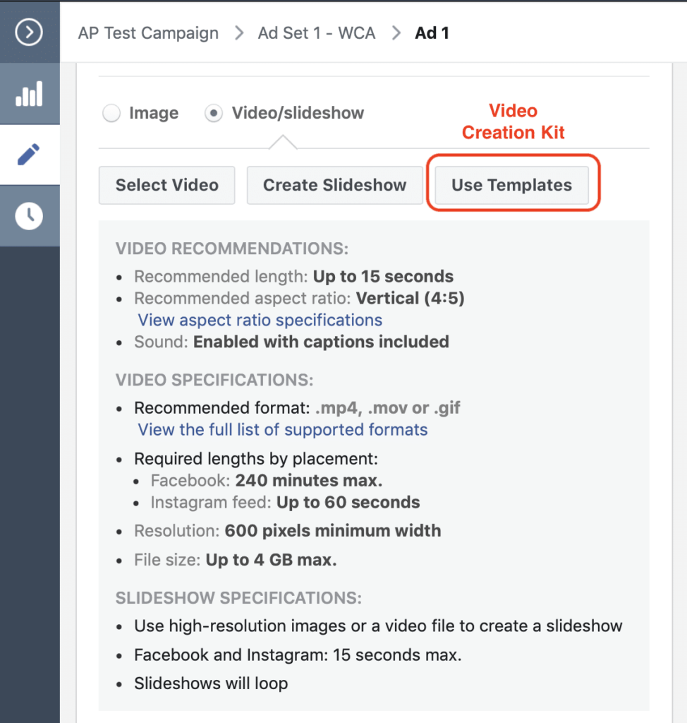 Facebook ad campaigns Video Selection 