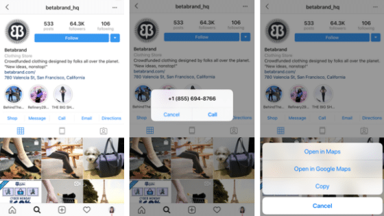 Instagram Business Profile Action Buttons