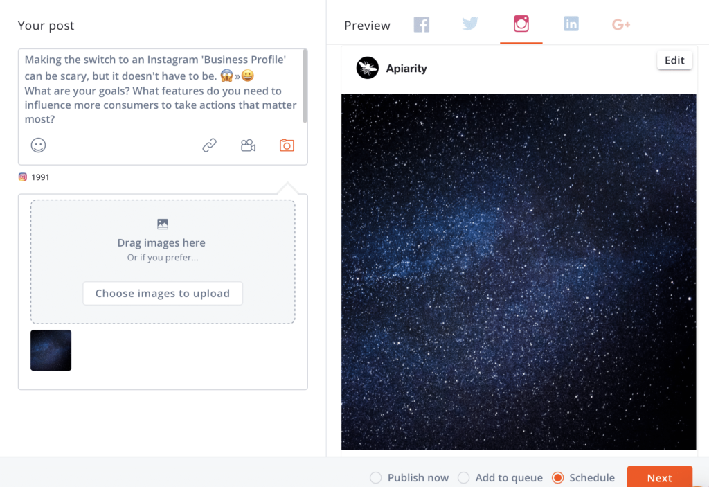 Agorapulse dashboard showing how to schedule an Instagram post